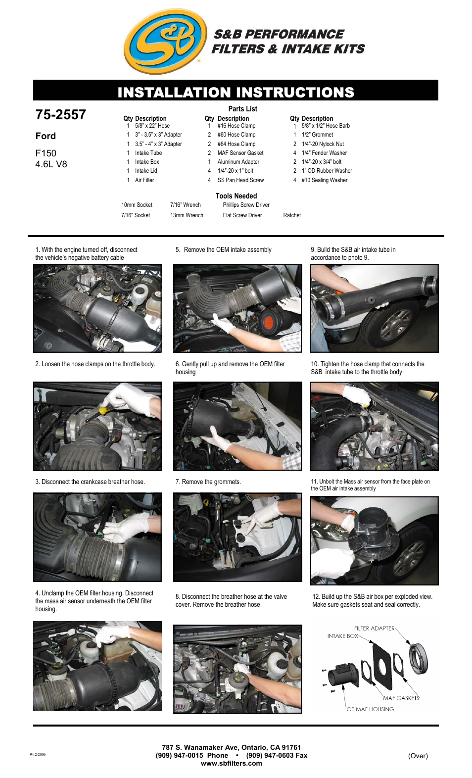 S&B Filters Cold Air Intake Kit - Cotton Filter 75-2557 User Manual | 2 pages