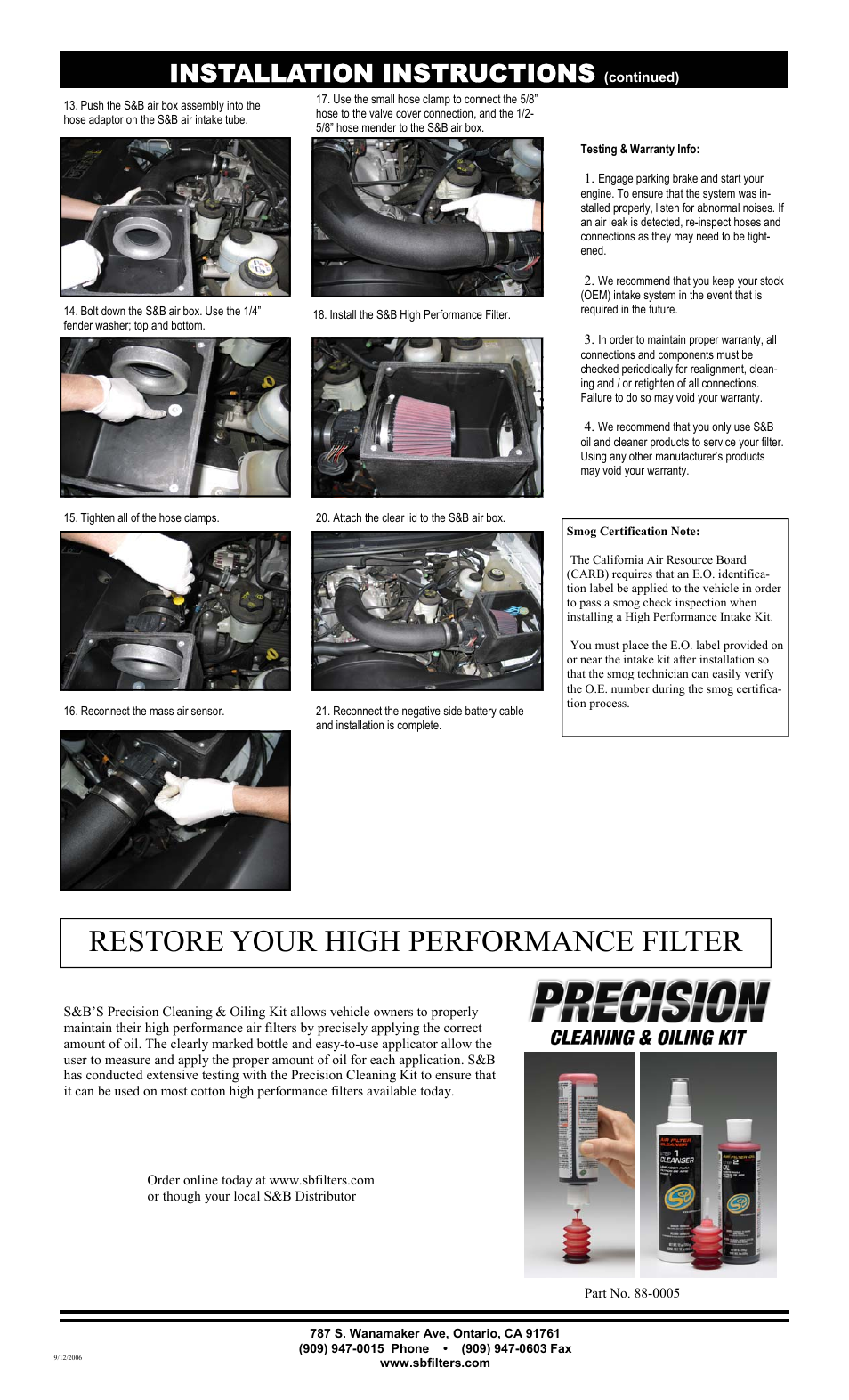 Restore your high performance filter, Installation instructions | S&B Filters Cold Air Intake Kit - Cotton Filter 75-2557 User Manual | Page 2 / 2