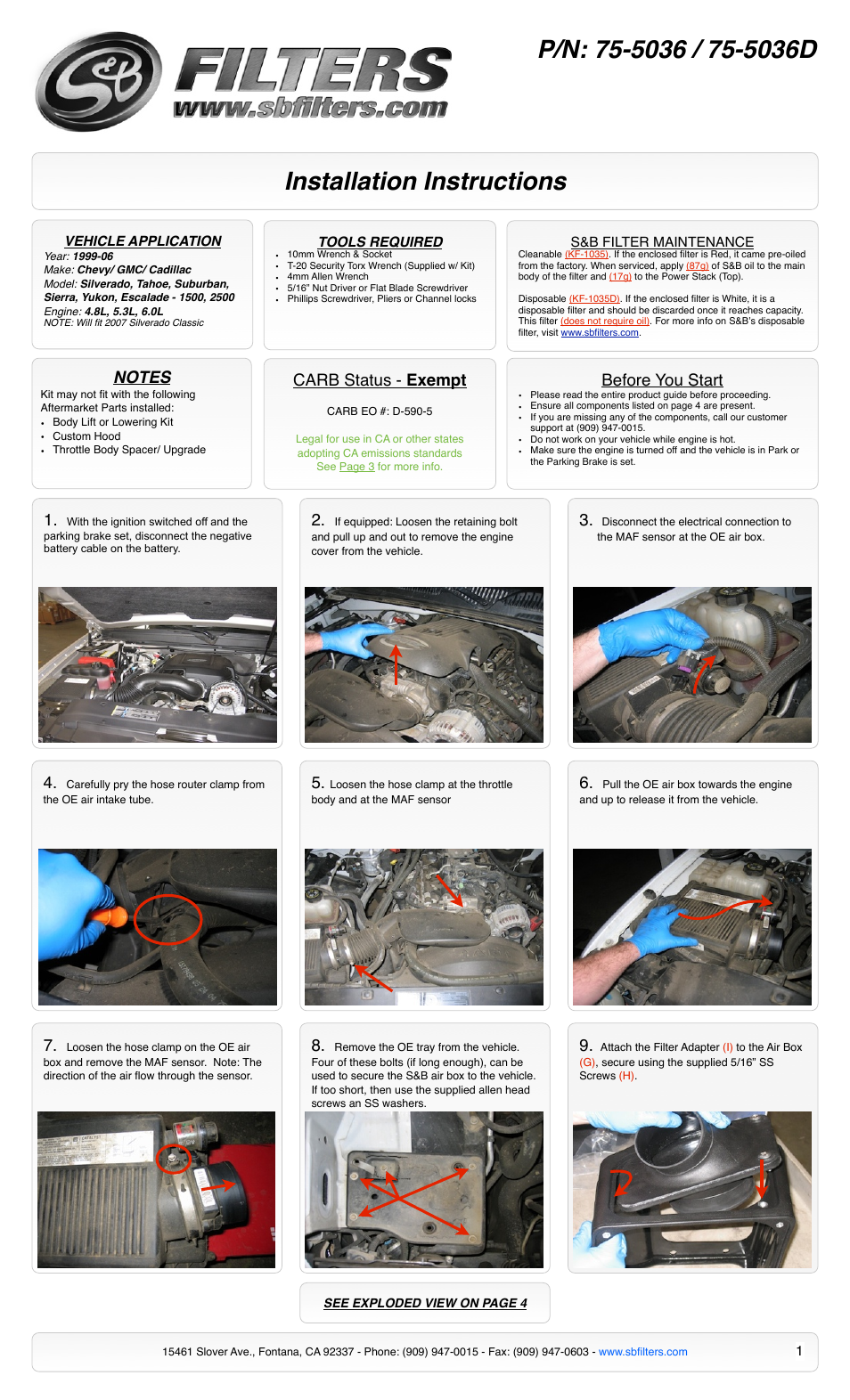 S&B Filters Cold Air Intake Kit - Cotton Filter 75-5036 User Manual | 4 pages