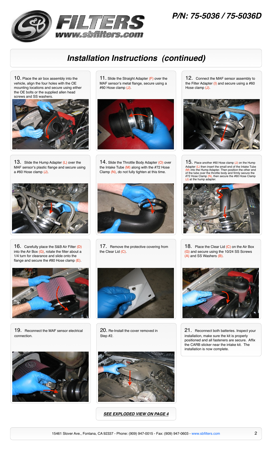 Installation instructions (continued) | S&B Filters Cold Air Intake Kit - Cotton Filter 75-5036 User Manual | Page 2 / 4