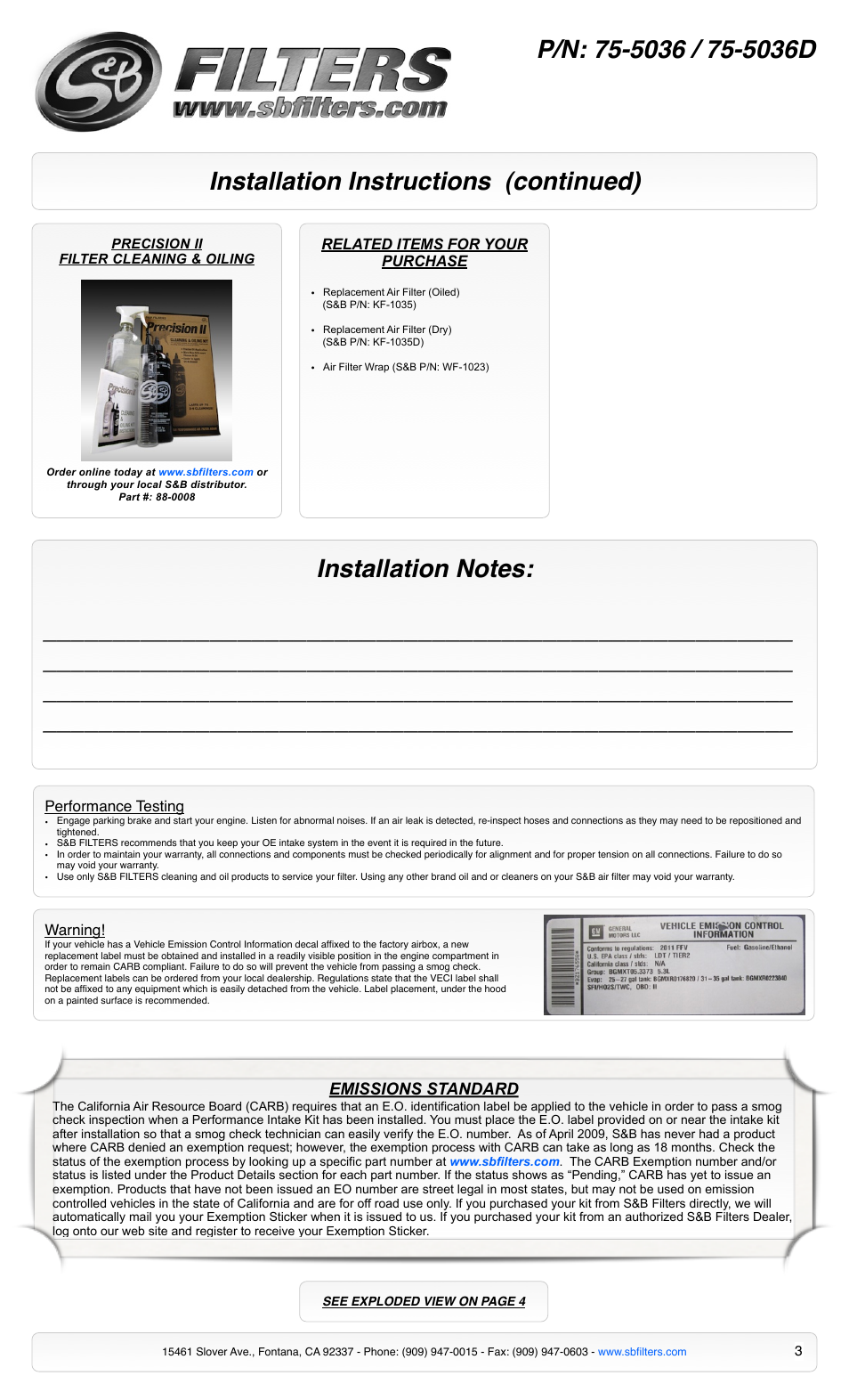 Installation instructions (continued), Emissions standard | S&B Filters Cold Air Intake Kit - Cotton Filter 75-5036 User Manual | Page 3 / 4