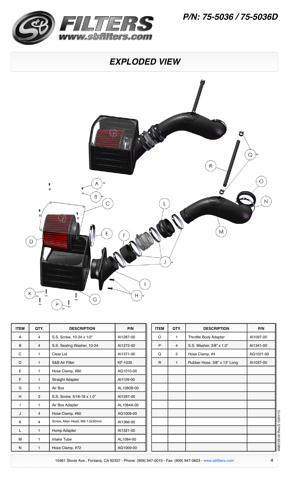 Exploded view | S&B Filters Cold Air Intake Kit - Cotton Filter 75-5036 User Manual | Page 4 / 4