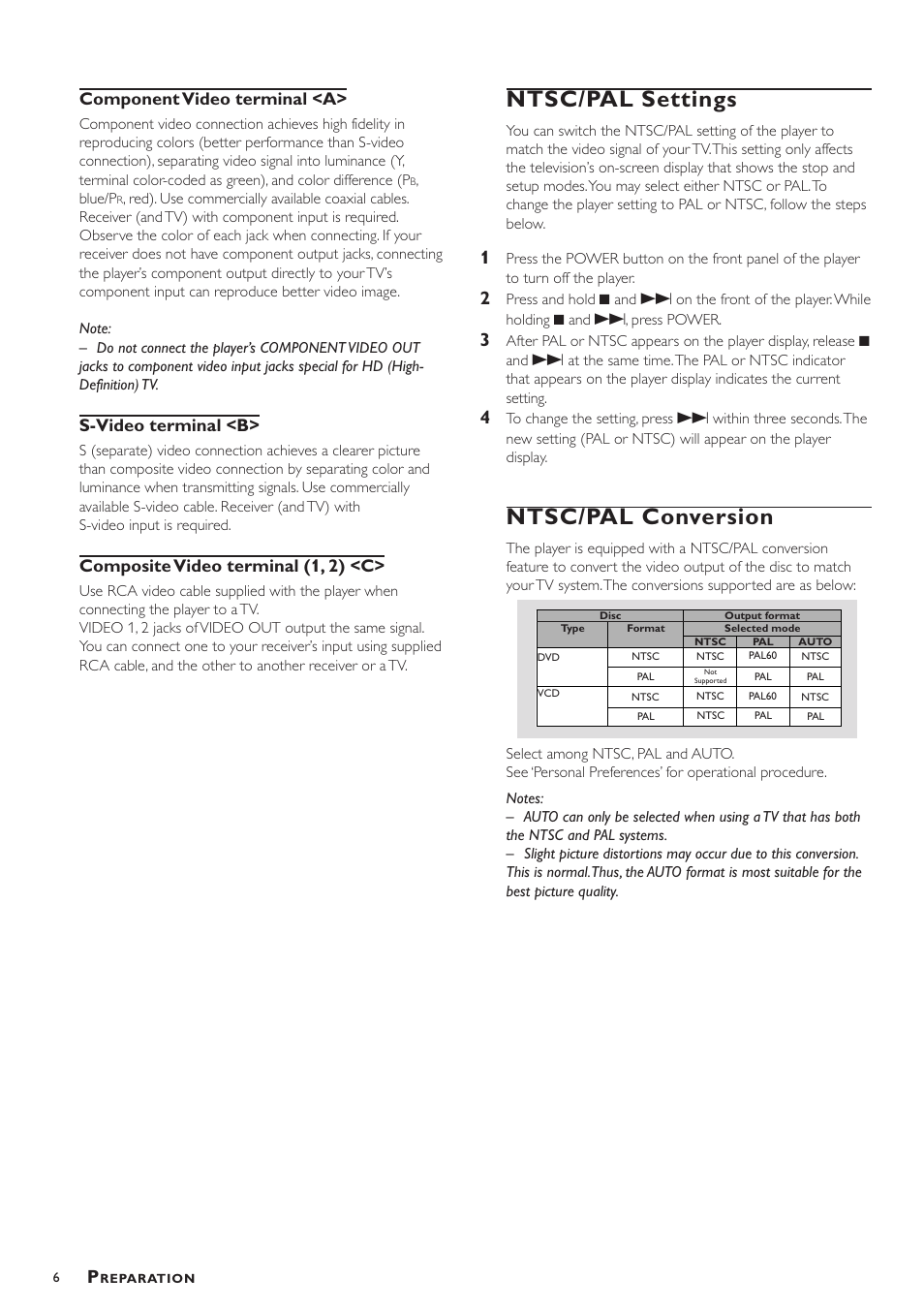 Ntsc/pal settings, Ntsc/pal conversion, Ntsc/pal settings ntsc/pal conversion | Component video terminal <a, S-video terminal <b, Composite video terminal (1, 2) <c | Yamaha DVD-S520 User Manual | Page 10 / 23