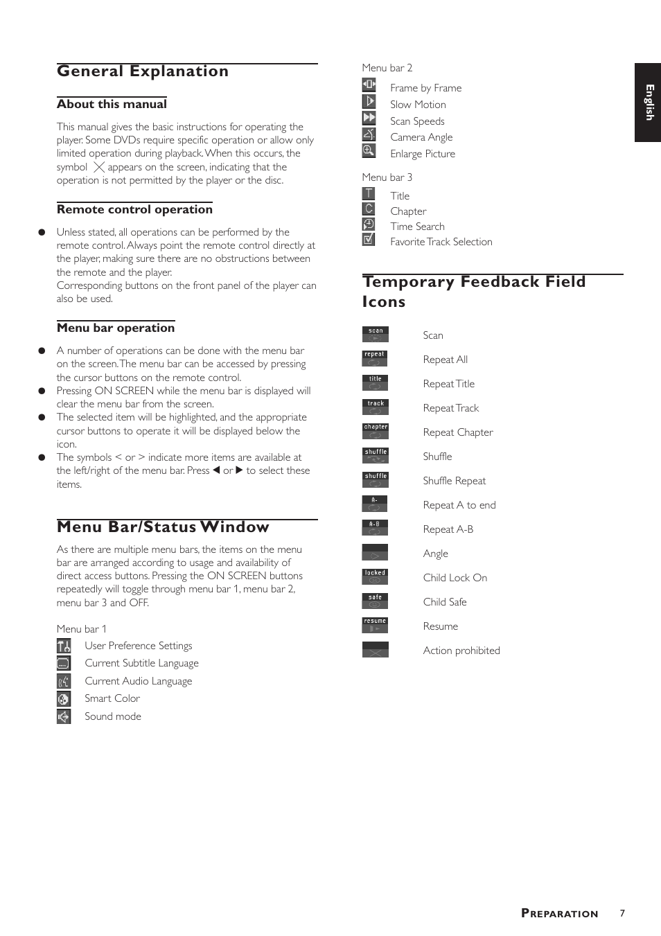 General explanation, Menu bar/status window, Temporary feedback field icons | Yamaha DVD-S520 User Manual | Page 11 / 23