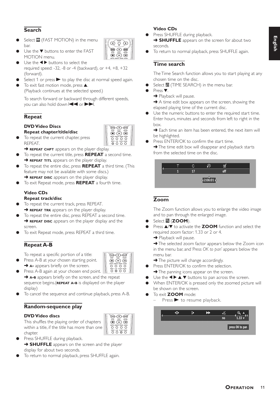 Search, Repeat, Repeat a-b | Random-sequence play, Time search, Zoom, English | Yamaha DVD-S520 User Manual | Page 15 / 23