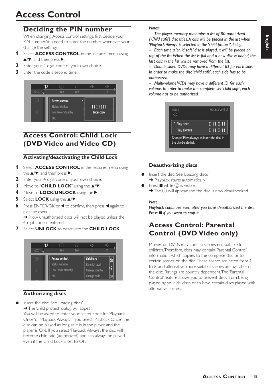 Access control, Deciding the pin number, Access control: parental control (dvd video only) | Deciding the pin number access control: child lock, Dvd video and video cd), Access control: parental control, Dvd video only) | Yamaha DVD-S520 User Manual | Page 19 / 23