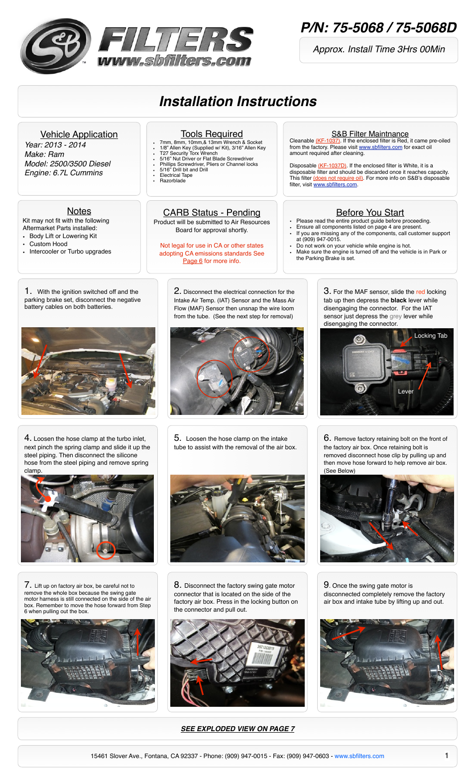 S&B Filters Cold Air Intake Kit - Cotton Filter 75-5068 User Manual | 7 pages