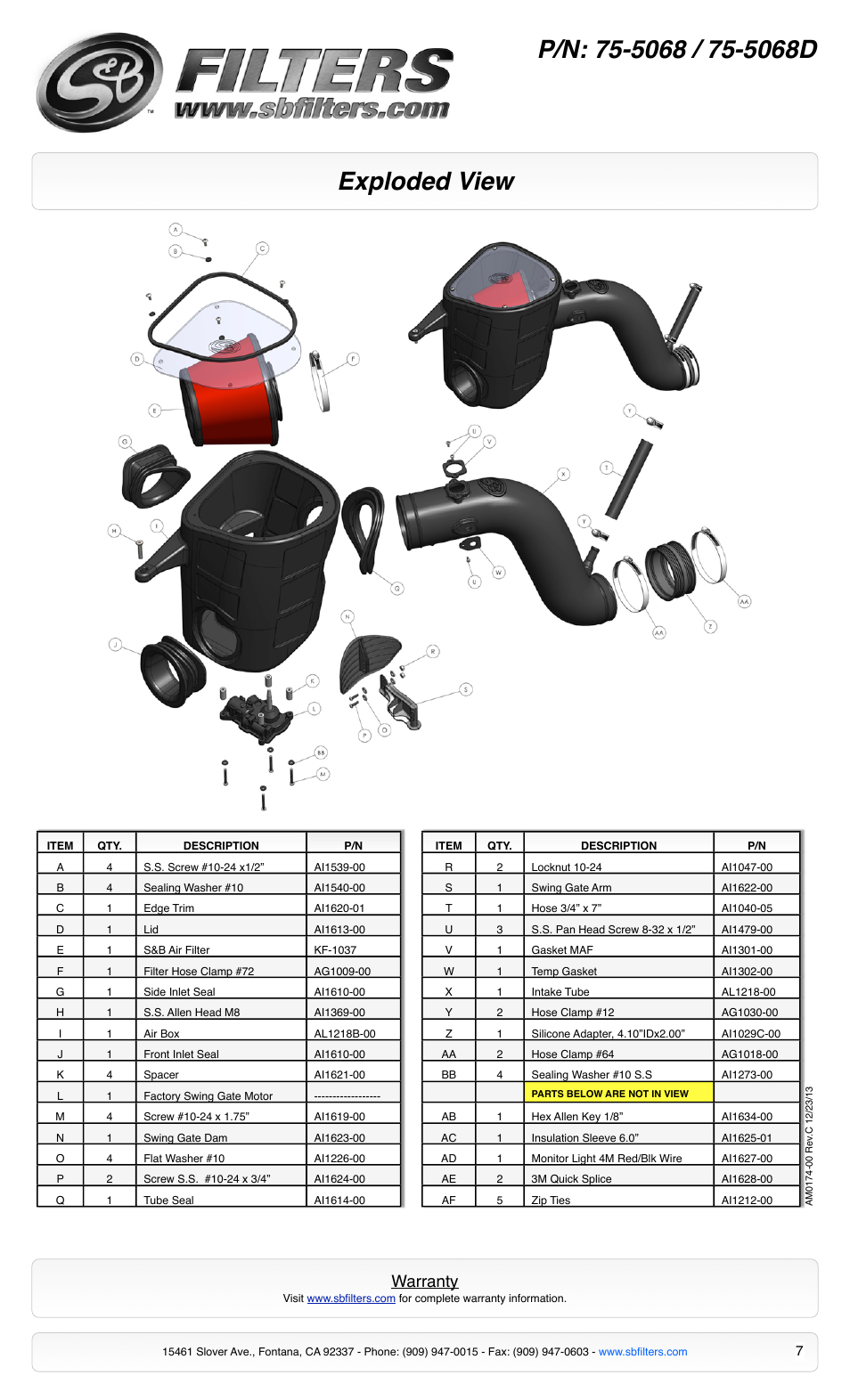 Exploded view, Warranty | S&B Filters Cold Air Intake Kit - Cotton Filter 75-5068 User Manual | Page 7 / 7