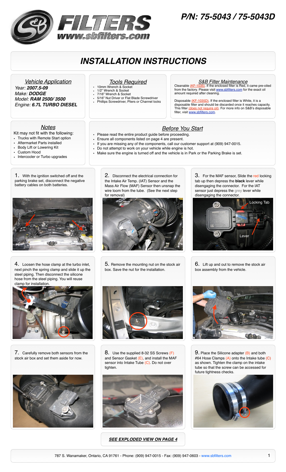 S&B Filters Cold Air Intake Kit - Cotton Filter 75-5043 User Manual | 4 pages