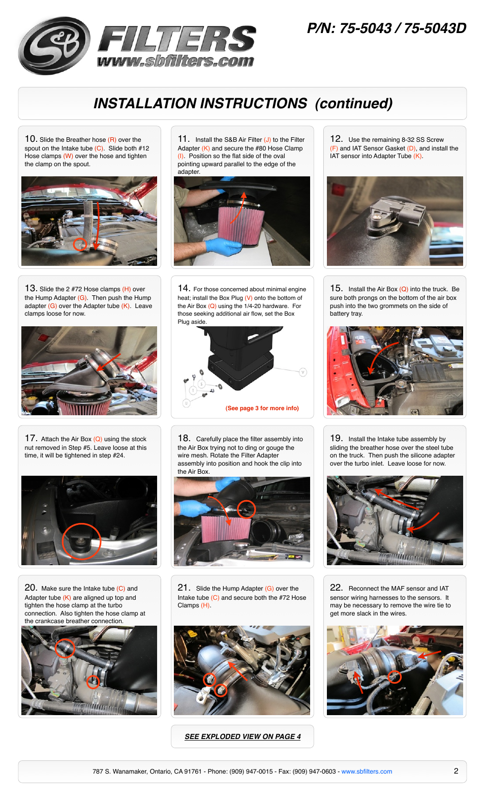 Installation instructions (continued) | S&B Filters Cold Air Intake Kit - Cotton Filter 75-5043 User Manual | Page 2 / 4