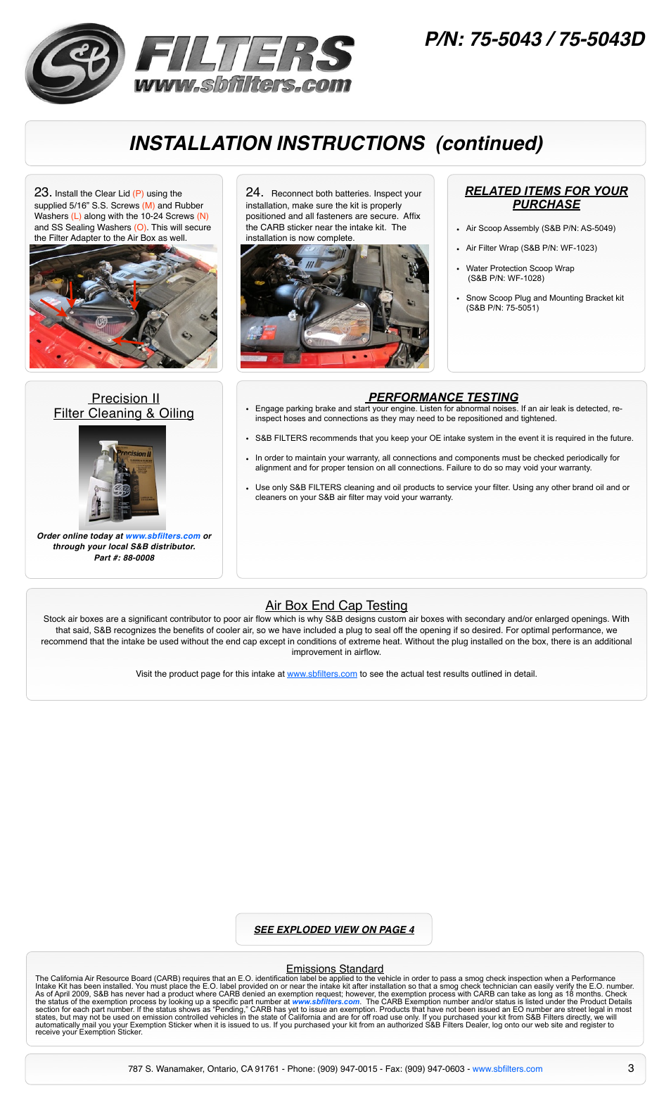 Installation instructions (continued), Precision ii filter cleaning & oiling, Air box end cap testing | Performance testing, Related items for your purchase | S&B Filters Cold Air Intake Kit - Cotton Filter 75-5043 User Manual | Page 3 / 4