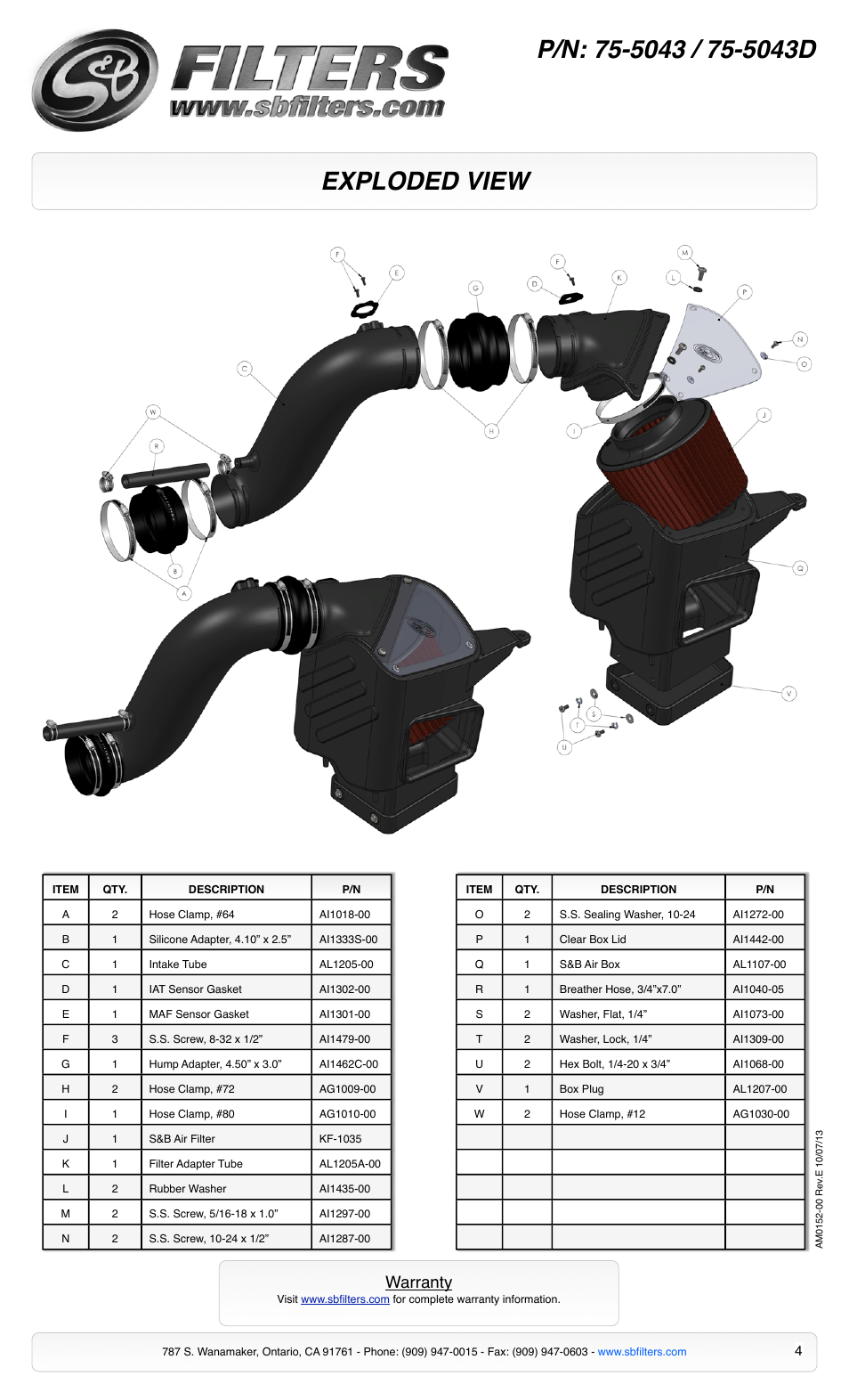 Exploded view, Warranty | S&B Filters Cold Air Intake Kit - Cotton Filter 75-5043 User Manual | Page 4 / 4