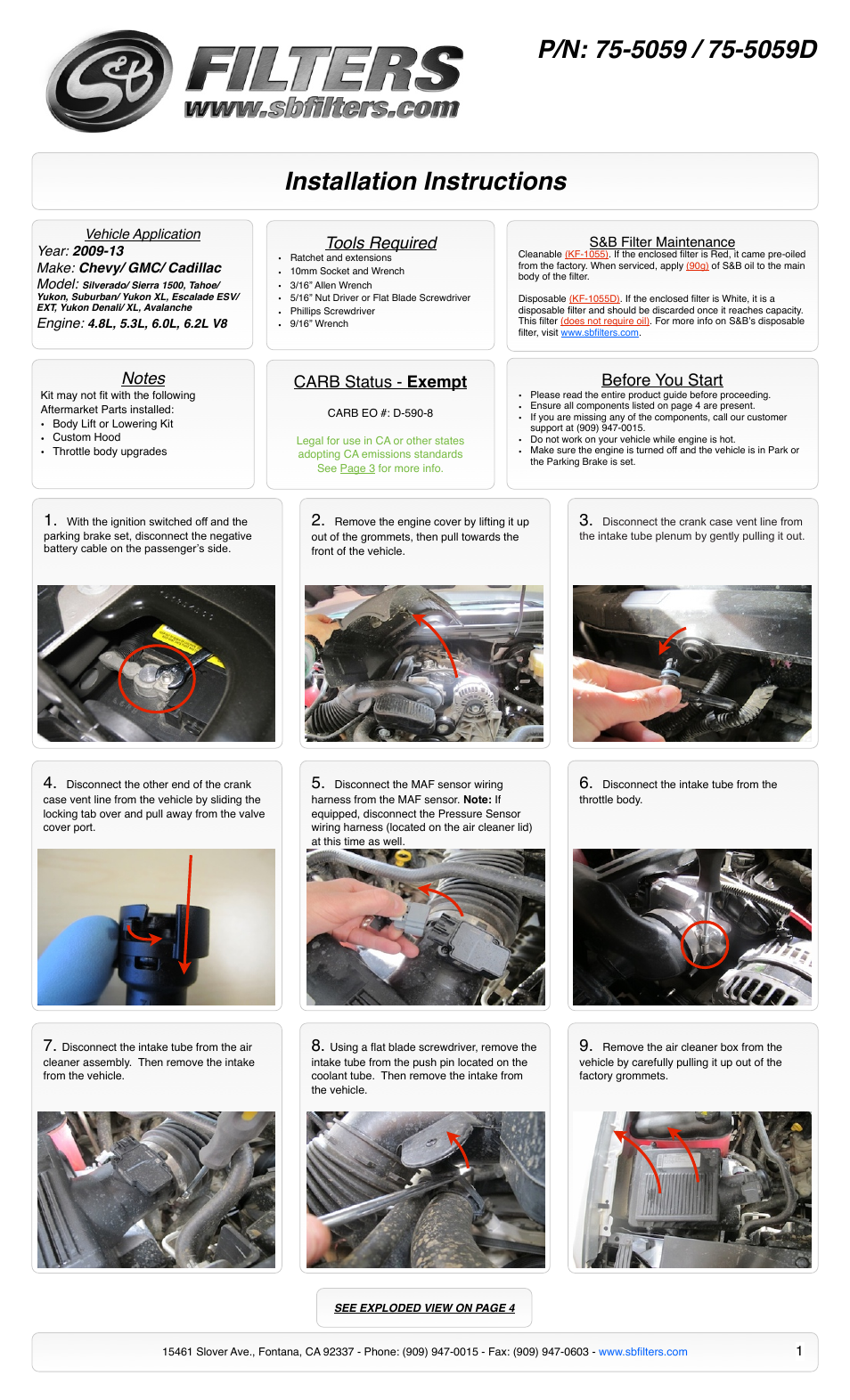 S&B Filters Cold Air Intake Kit - Cotton Filter 75-5059 User Manual | 4 pages