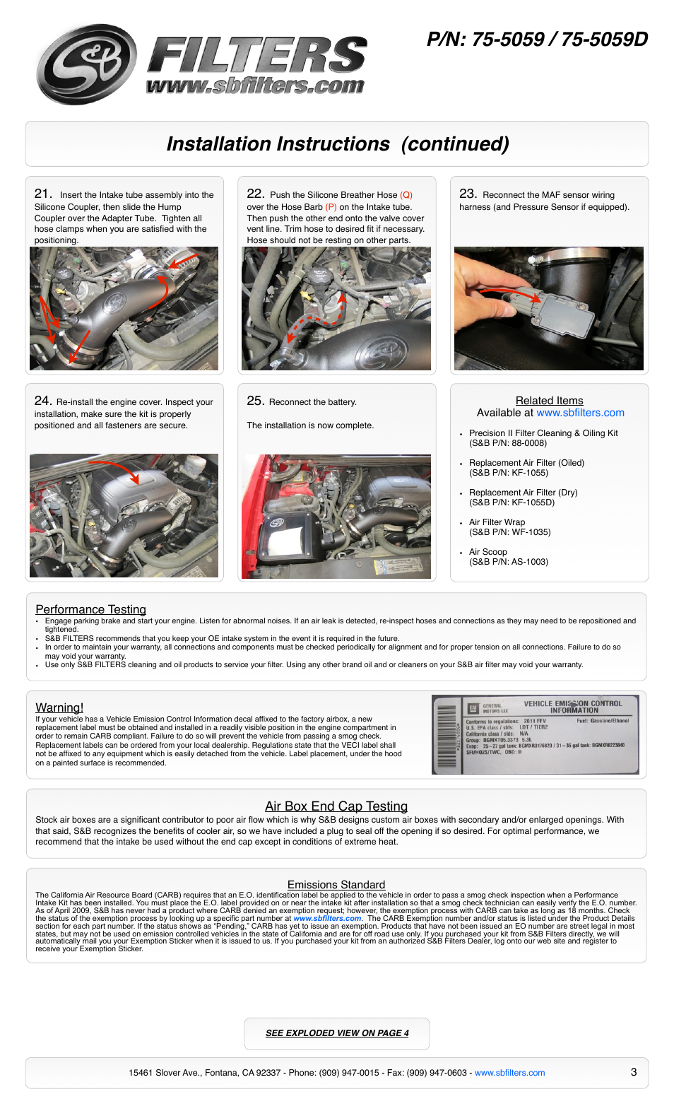 Installation instructions (continued), Air box end cap testing, Performance testing | Warning | S&B Filters Cold Air Intake Kit - Cotton Filter 75-5059 User Manual | Page 3 / 4