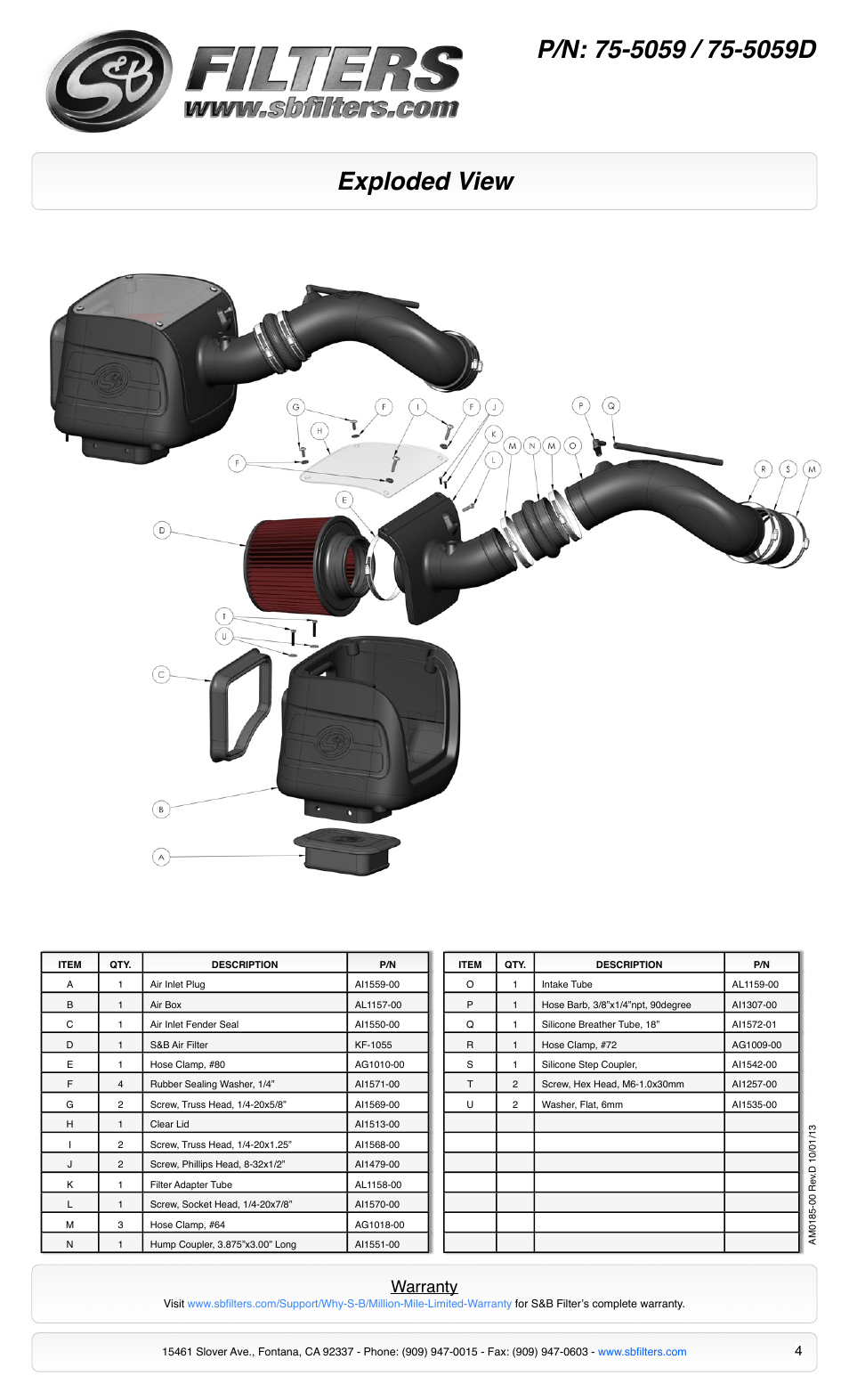 Exploded view, Warranty | S&B Filters Cold Air Intake Kit - Cotton Filter 75-5059 User Manual | Page 4 / 4