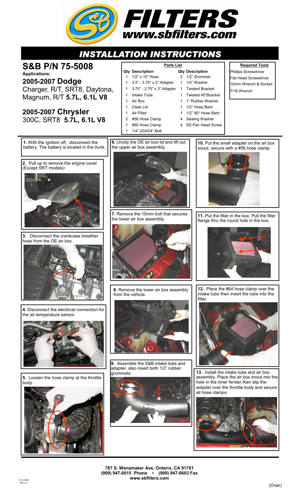 S&B Filters Cold Air Intake Kit - Cotton Filter 75-5008 User Manual | 2 pages