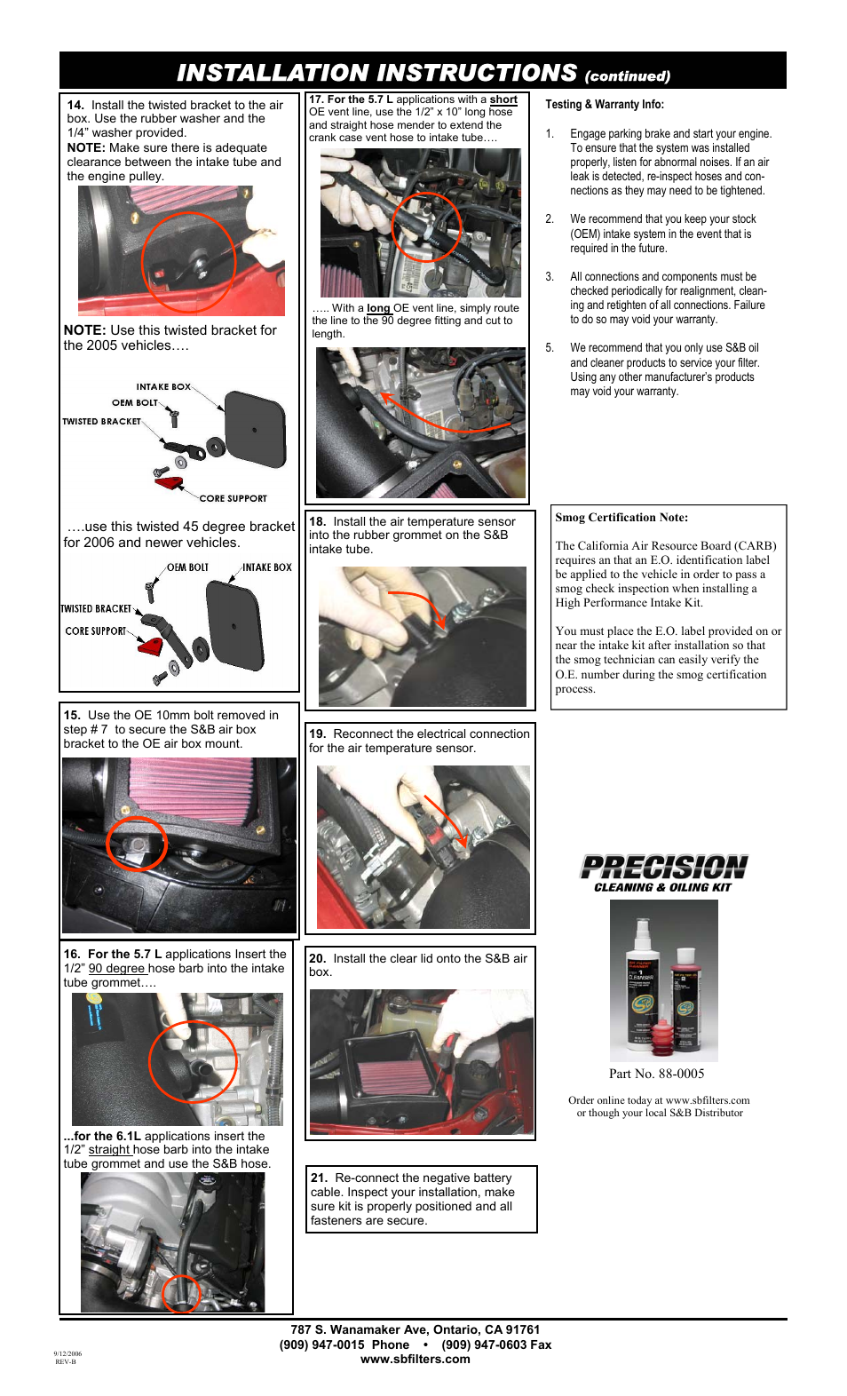 Installation instructions | S&B Filters Cold Air Intake Kit - Cotton Filter 75-5008 User Manual | Page 2 / 2