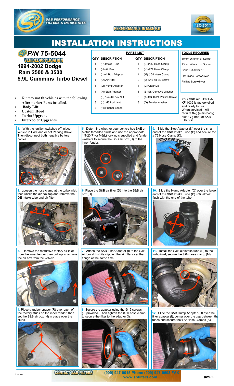 S&B Filters Cold Air Intake Kit - Cotton Filter 75-5044 User Manual | 3 pages