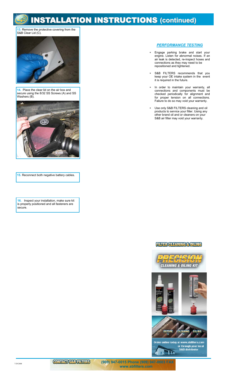 Installation instructions, Continued) | S&B Filters Cold Air Intake Kit - Cotton Filter 75-5044 User Manual | Page 2 / 3