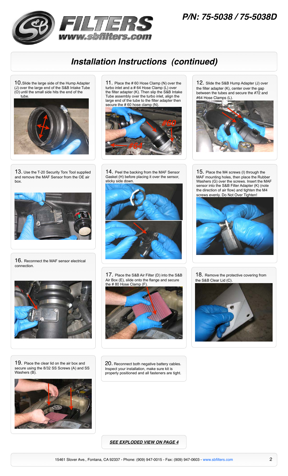 Installation instructions (continued) | S&B Filters Cold Air Intake Kit - Cotton Filter 75-5038 User Manual | Page 2 / 5