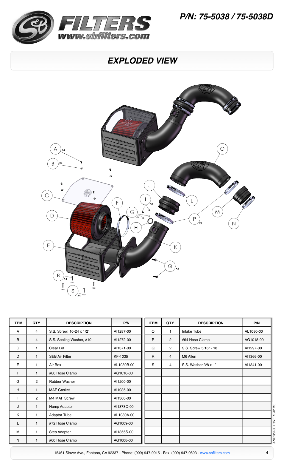 Exploded view | S&B Filters Cold Air Intake Kit - Cotton Filter 75-5038 User Manual | Page 4 / 5