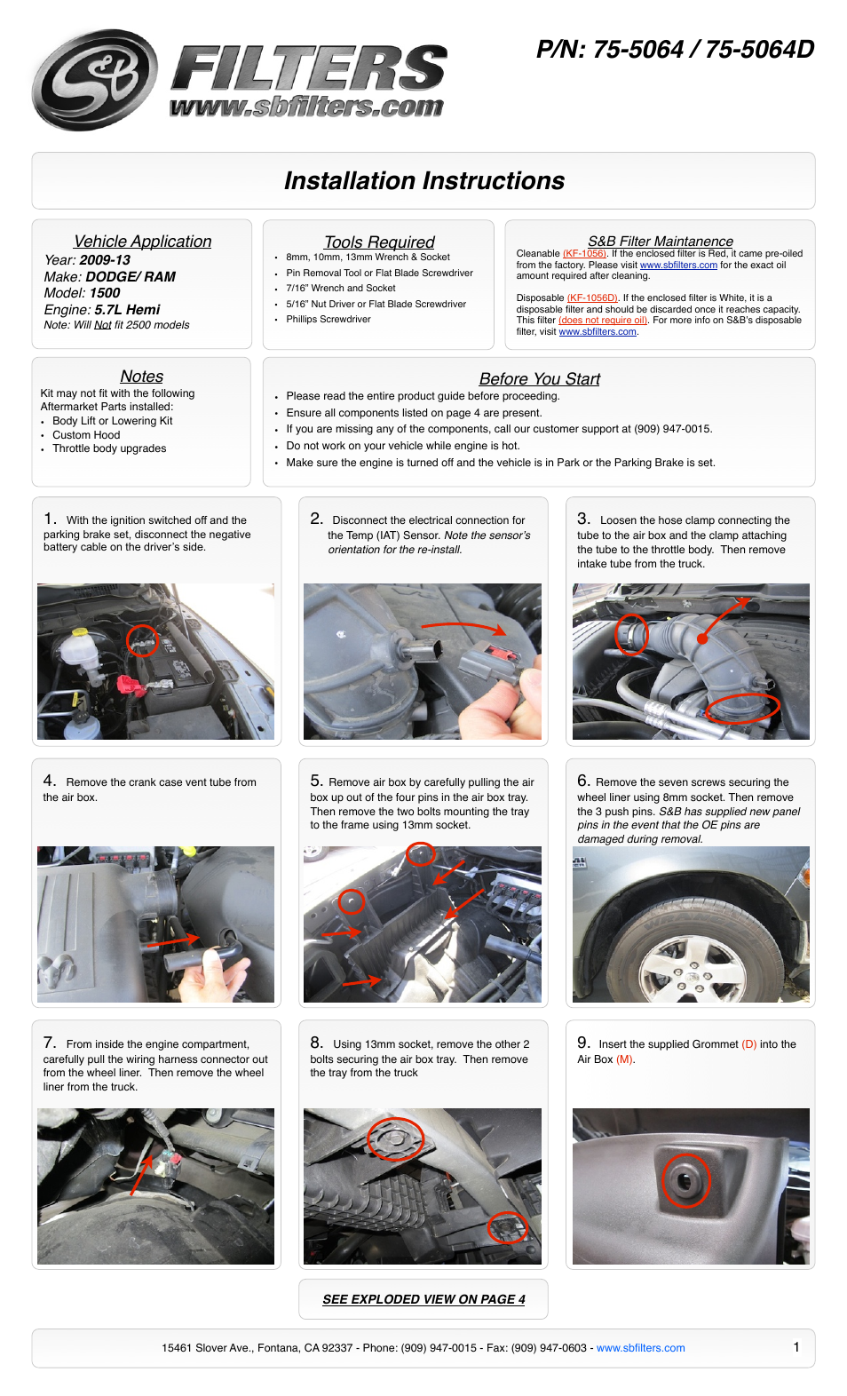 S&B Filters Cold Air Intake Kit - Cotton Filter 75-5064 User Manual | 4 pages