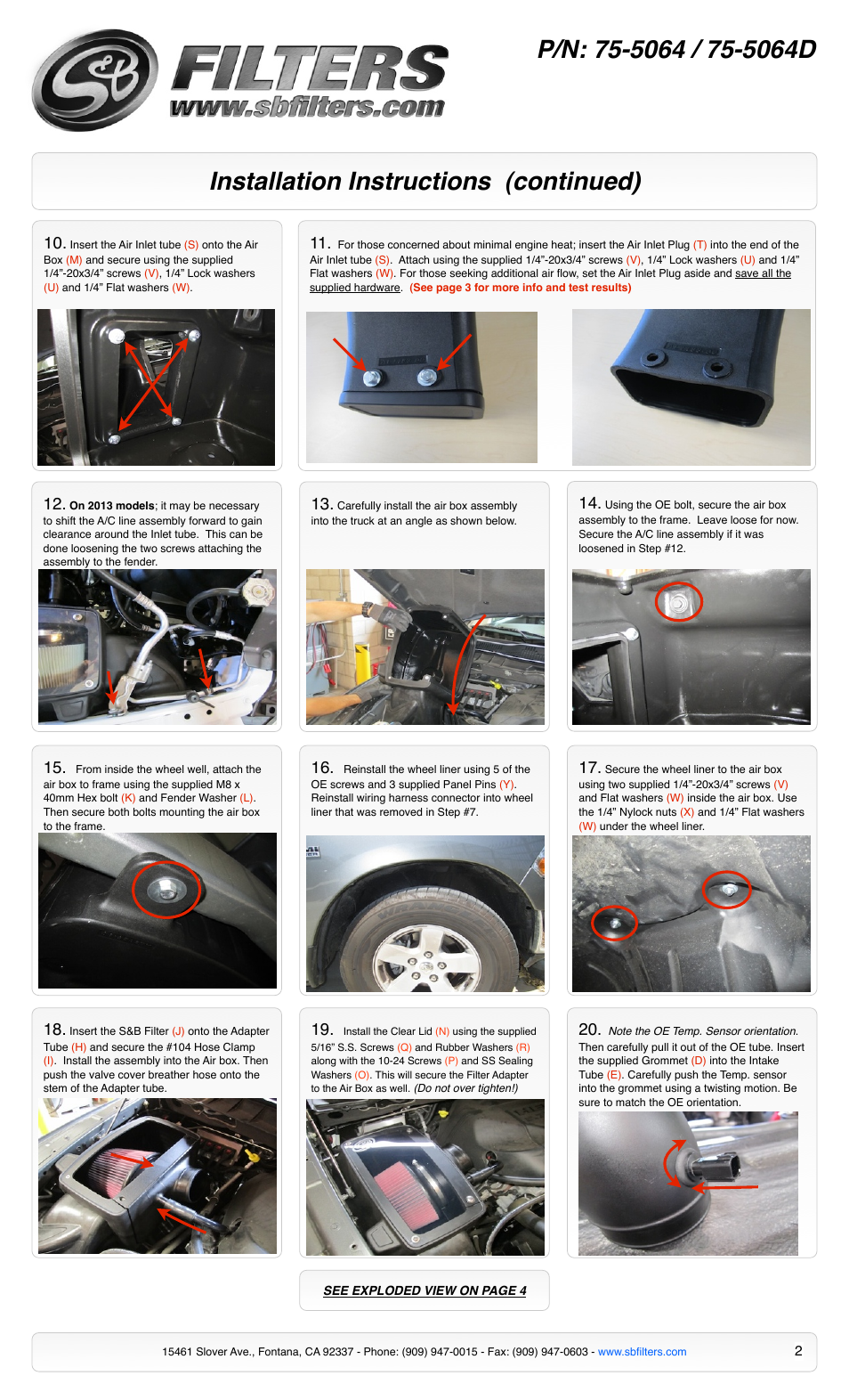 Installation instructions (continued) | S&B Filters Cold Air Intake Kit - Cotton Filter 75-5064 User Manual | Page 2 / 4