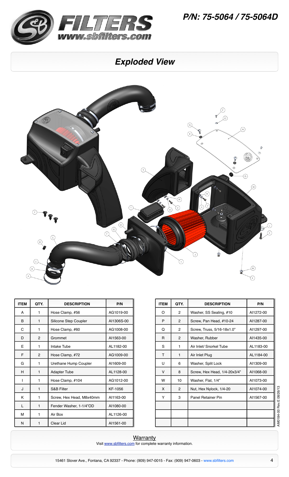 Exploded view, Warranty | S&B Filters Cold Air Intake Kit - Cotton Filter 75-5064 User Manual | Page 4 / 4