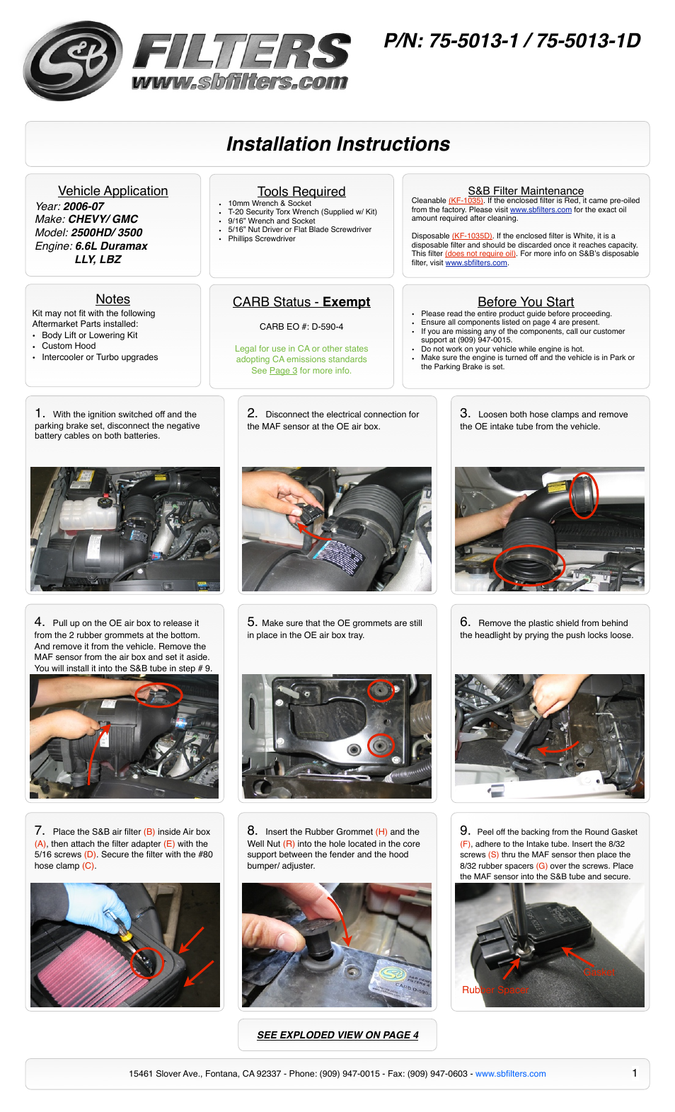 S&B Filters Cold Air Intake Kit - Cotton Filter 75-5013-1 User Manual | 4 pages