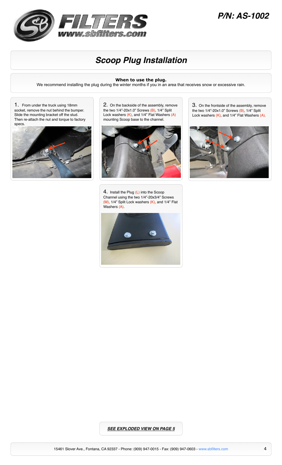 Scoop plug installation p/n: as-1002 | S&B Filters Cold Air Intake Scoop AS-1002 User Manual | Page 4 / 5