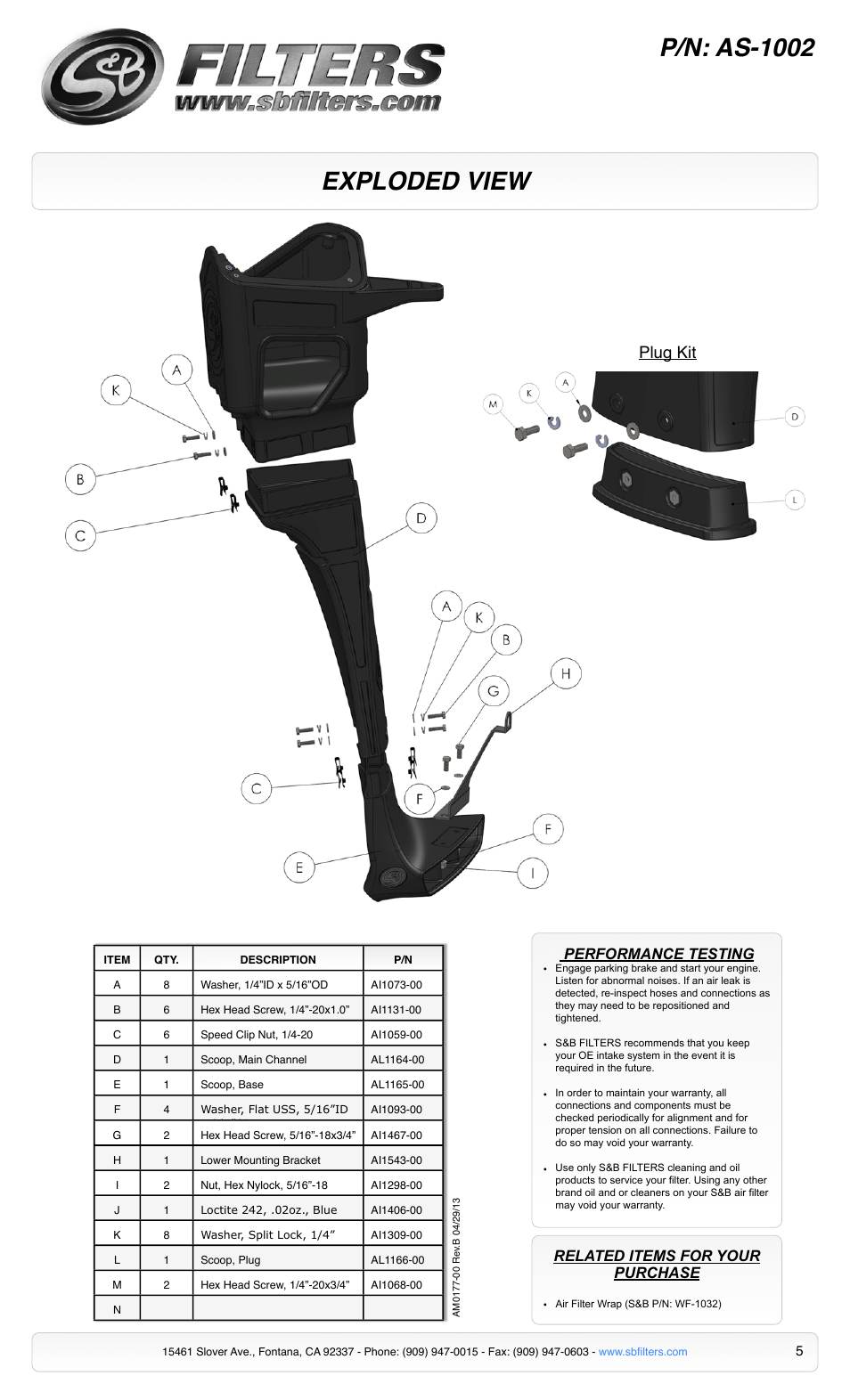 Exploded view p/n: as-1002, Plug kit, Performance testing | Related items for your purchase | S&B Filters Cold Air Intake Scoop AS-1002 User Manual | Page 5 / 5