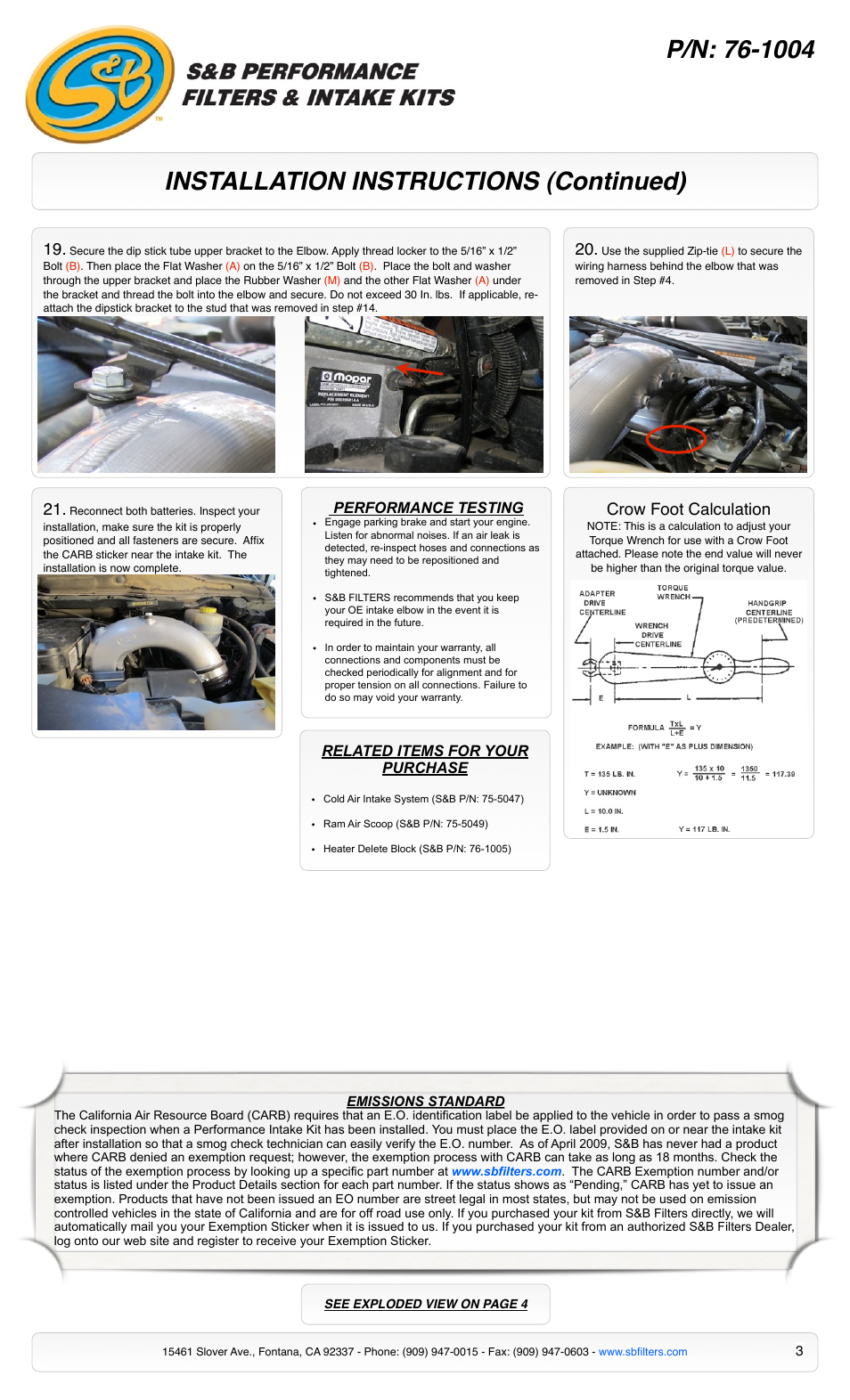 Installation instructions (continued), Crow foot calculation | S&B Filters Intake Elbow 76-1004 User Manual | Page 3 / 5