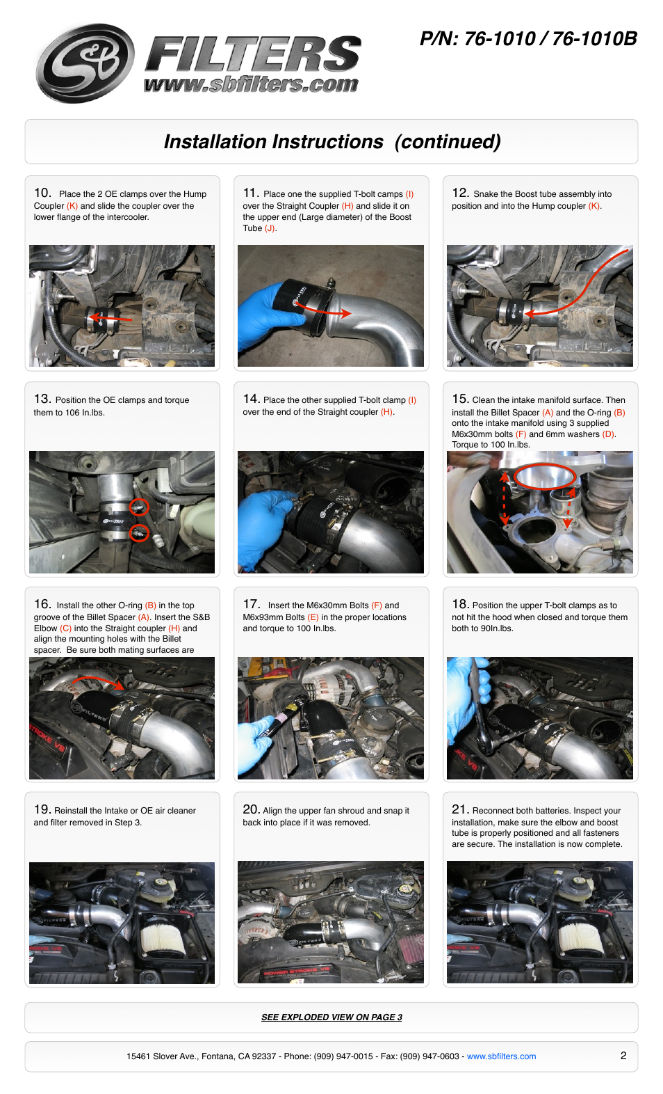 Installation instructions (continued) | S&B Filters Cast Aluminum Intake Elbow 76-1010 User Manual | Page 2 / 3
