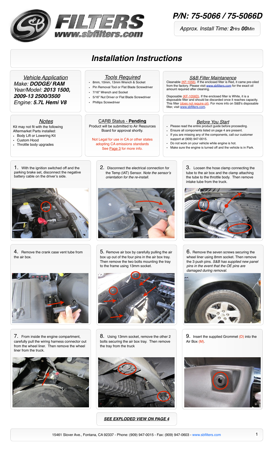S&B Filters Cold Air Intake Kit - Cotton Filter 75-5066 User Manual | 4 pages