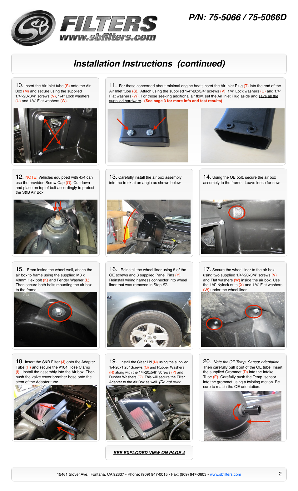 Installation instructions (continued) | S&B Filters Cold Air Intake Kit - Cotton Filter 75-5066 User Manual | Page 2 / 4