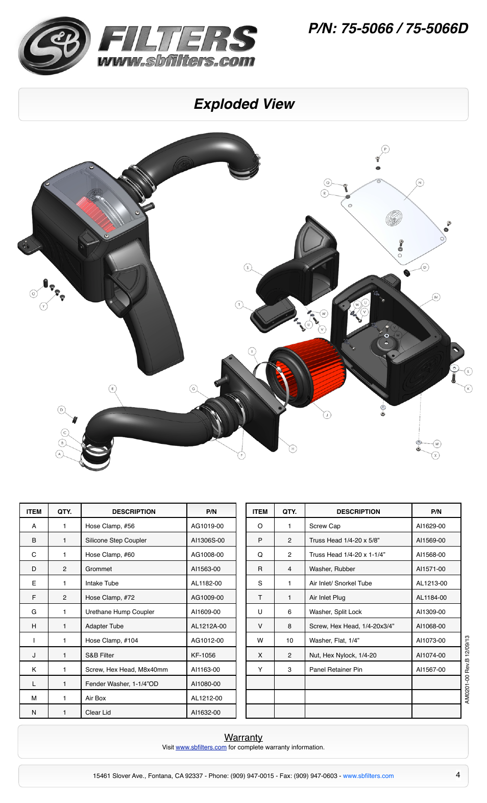 Exploded view, Warranty | S&B Filters Cold Air Intake Kit - Cotton Filter 75-5066 User Manual | Page 4 / 4