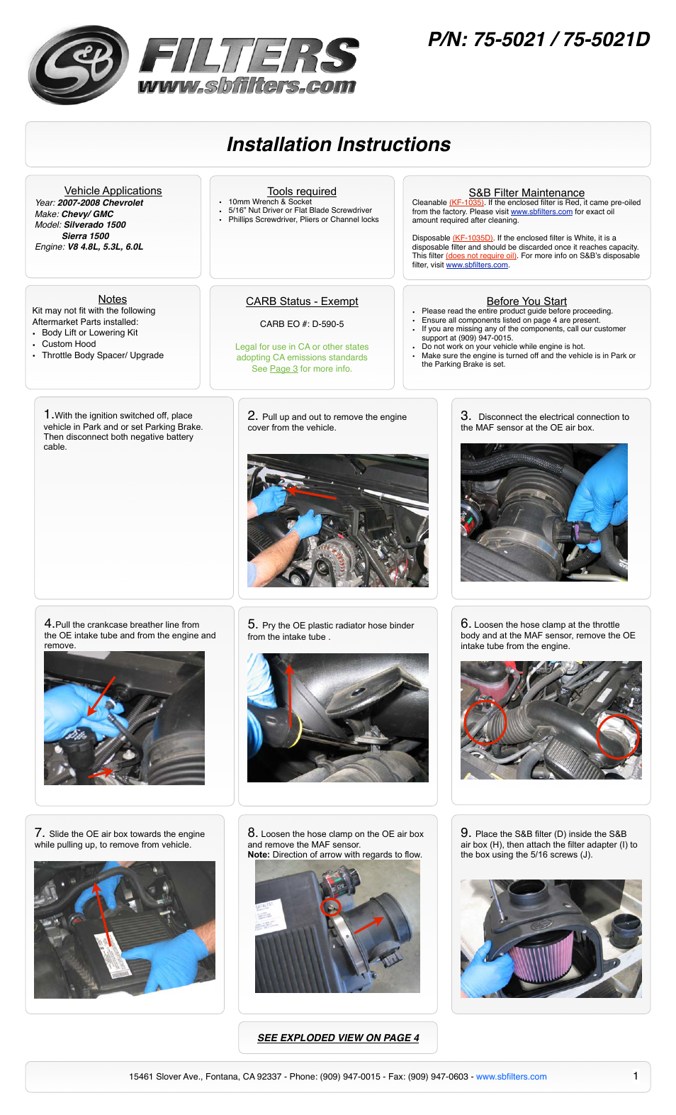 S&B Filters Cold Air Intake Kit - Cotton Filter 75-5021 User Manual | 4 pages