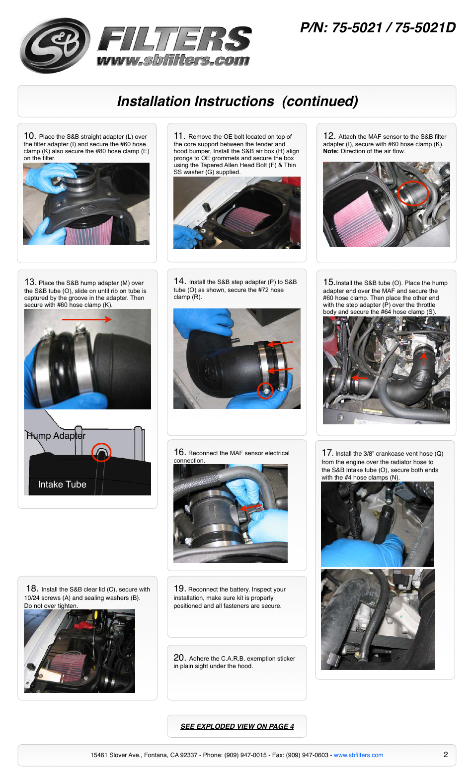 Installation instructions (continued) | S&B Filters Cold Air Intake Kit - Cotton Filter 75-5021 User Manual | Page 2 / 4