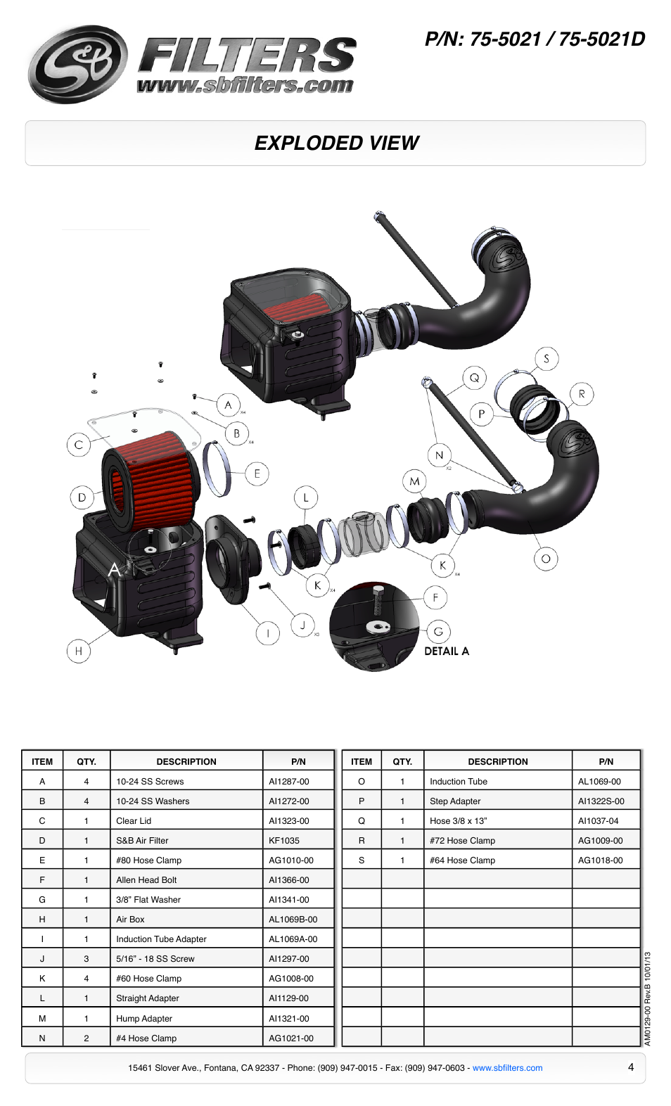 Exploded view | S&B Filters Cold Air Intake Kit - Cotton Filter 75-5021 User Manual | Page 4 / 4