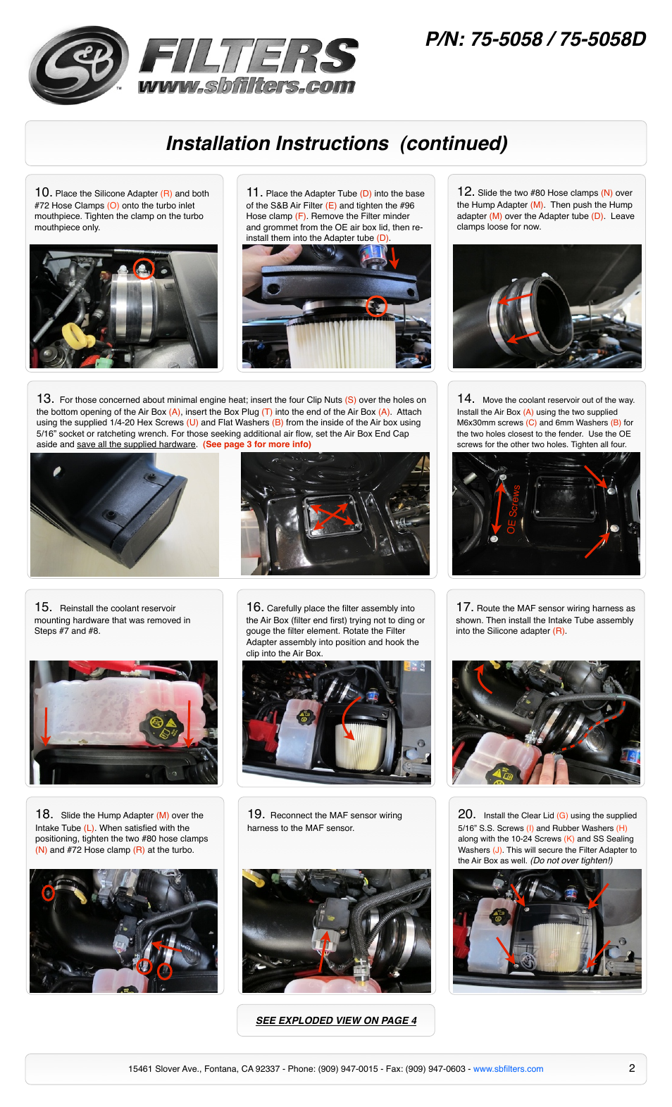 Installation instructions (continued) | S&B Filters Cold Air Intake Kit - Cotton Filter 75-5058 User Manual | Page 2 / 4