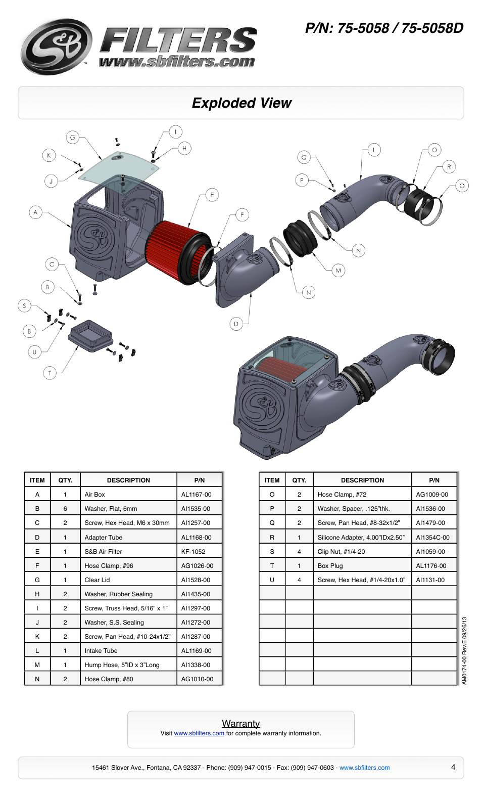 Exploded view, Warranty | S&B Filters Cold Air Intake Kit - Cotton Filter 75-5058 User Manual | Page 4 / 4