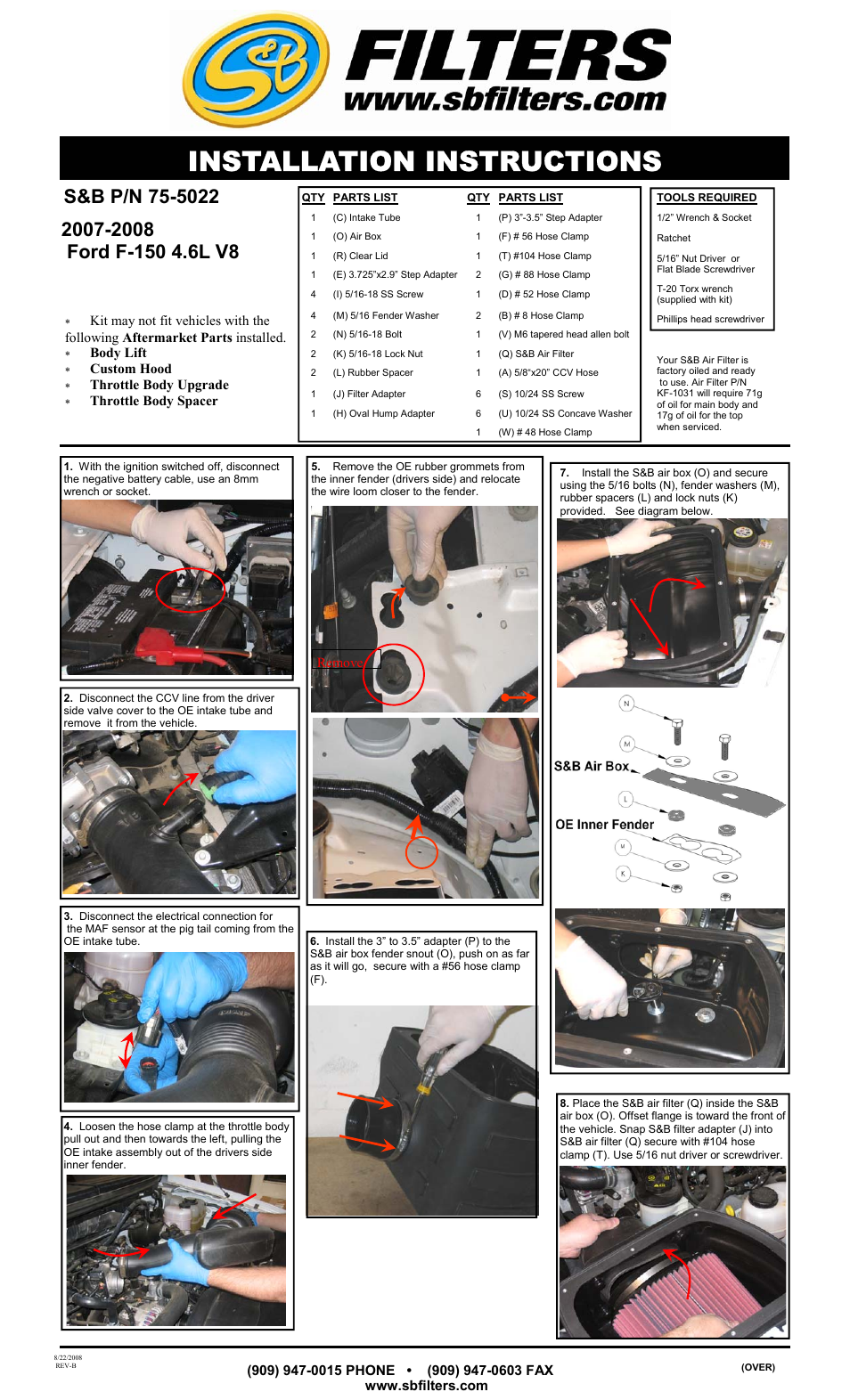 S&B Filters Cold Air Intake Kit - Cotton Filter 75-5022 User Manual | 3 pages