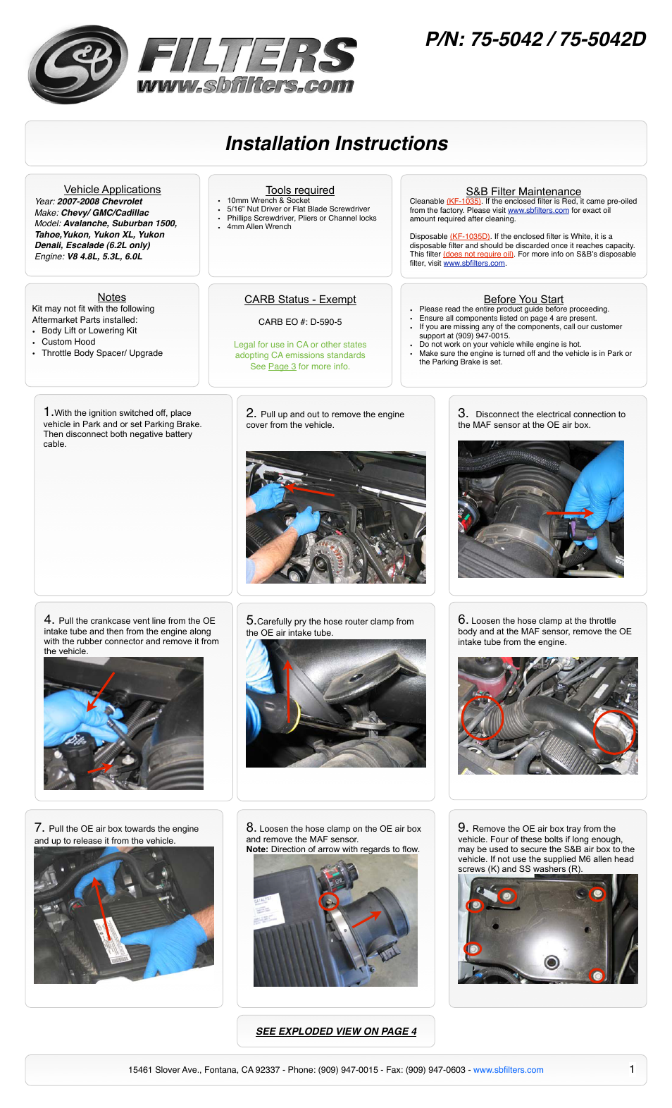 S&B Filters Cold Air Intake Kit - Cotton Filter 75-5042 User Manual | 4 pages