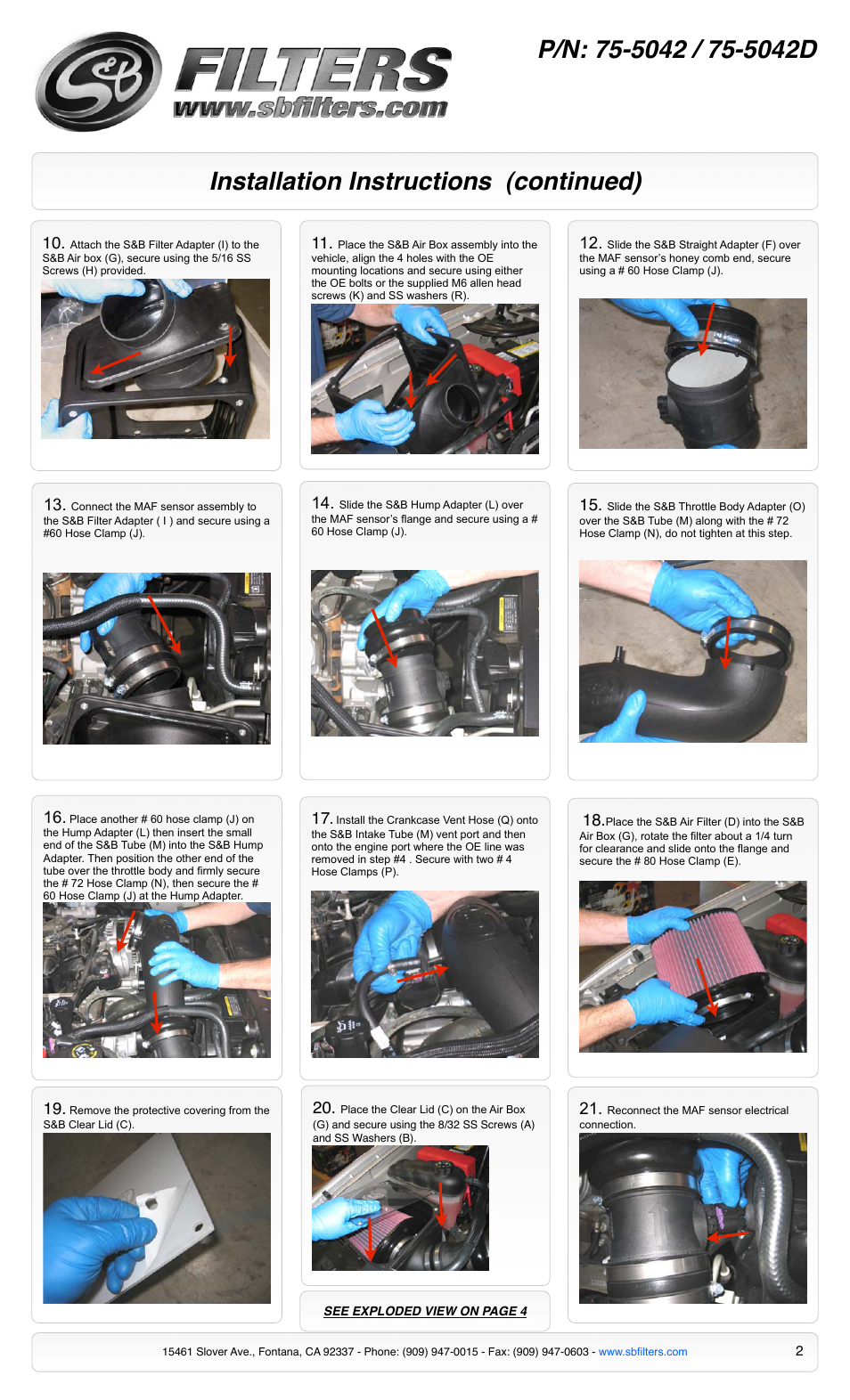 Installation instructions (continued) | S&B Filters Cold Air Intake Kit - Cotton Filter 75-5042 User Manual | Page 2 / 4