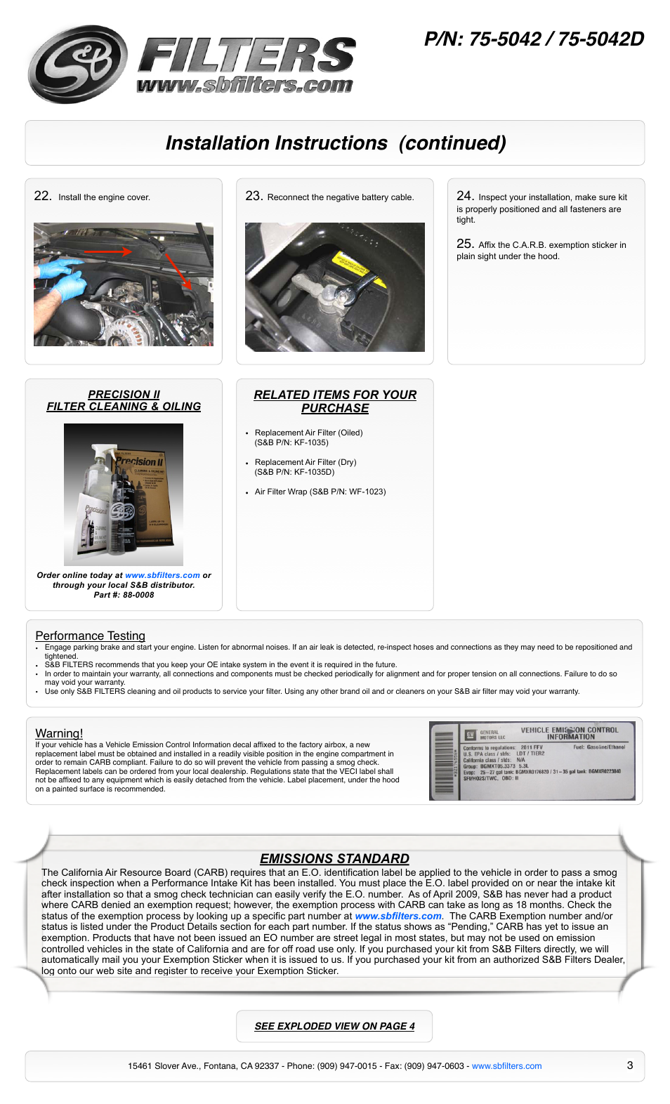 Installation instructions (continued), Emissions standard | S&B Filters Cold Air Intake Kit - Cotton Filter 75-5042 User Manual | Page 3 / 4