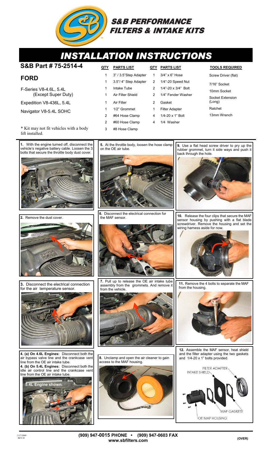 S&B Filters Cold Air Intake Kit - Cotton Filter 75-2514-4 User Manual | 3 pages