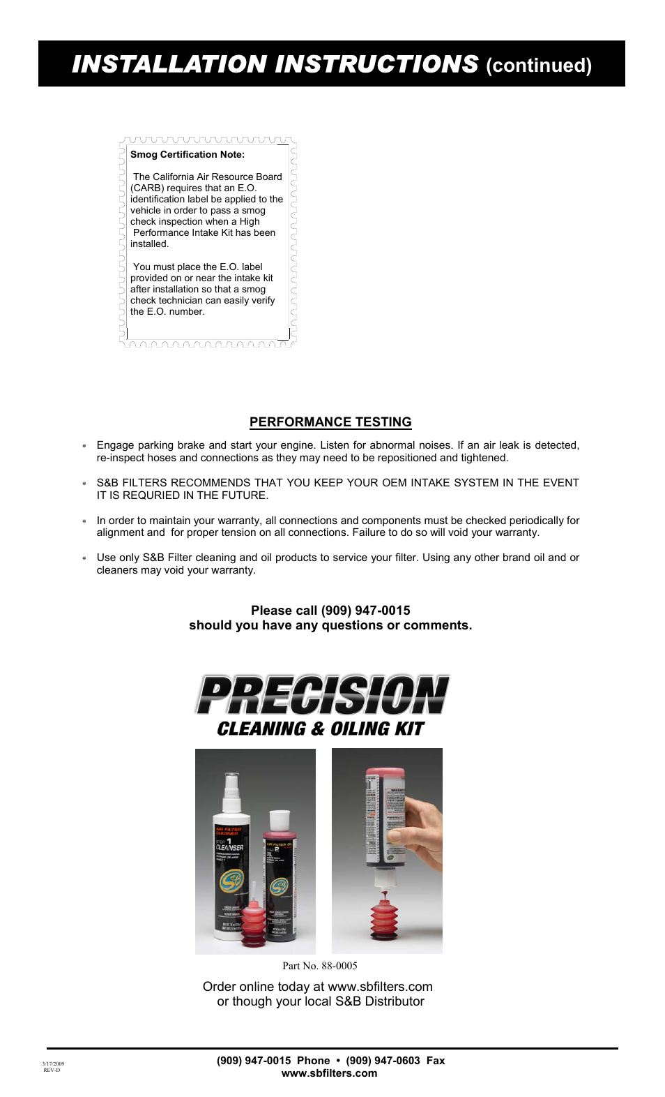 Installation instructions, Continued) | S&B Filters Cold Air Intake Kit - Cotton Filter 75-2514-4 User Manual | Page 3 / 3