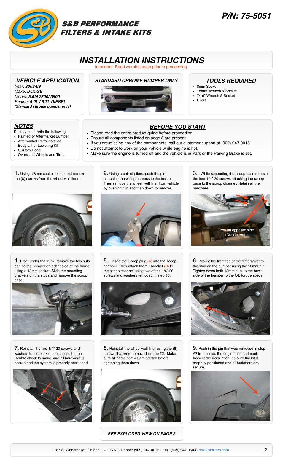 Installation instructions, Vehicle application, Tools required | Before you start | S&B Filters Snow Plug 75-5051 User Manual | Page 2 / 3