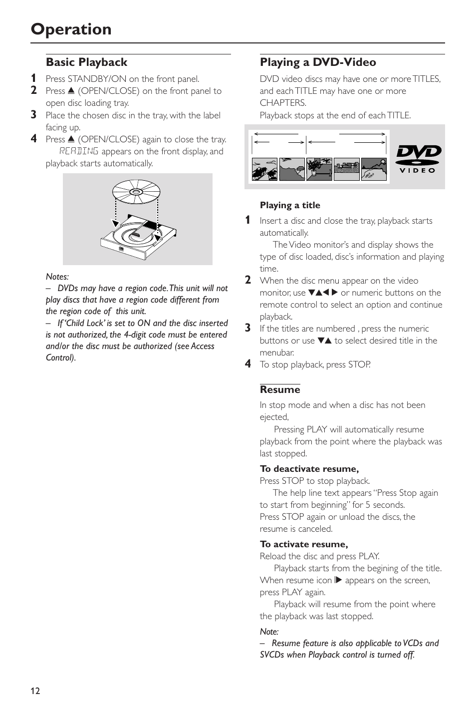 Operation, Basic playback, Playing a dvd-video | Basic playback 1, Resume | Yamaha DVD-S530 User Manual | Page 16 / 27