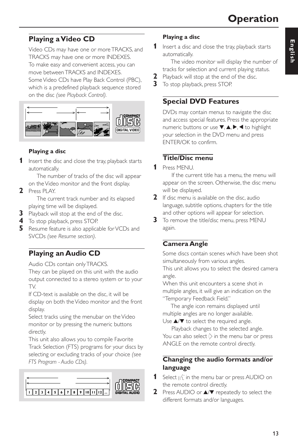 Playing a video cd, Playing an audio cd, Special dvd features | Operation | Yamaha DVD-S530 User Manual | Page 17 / 27